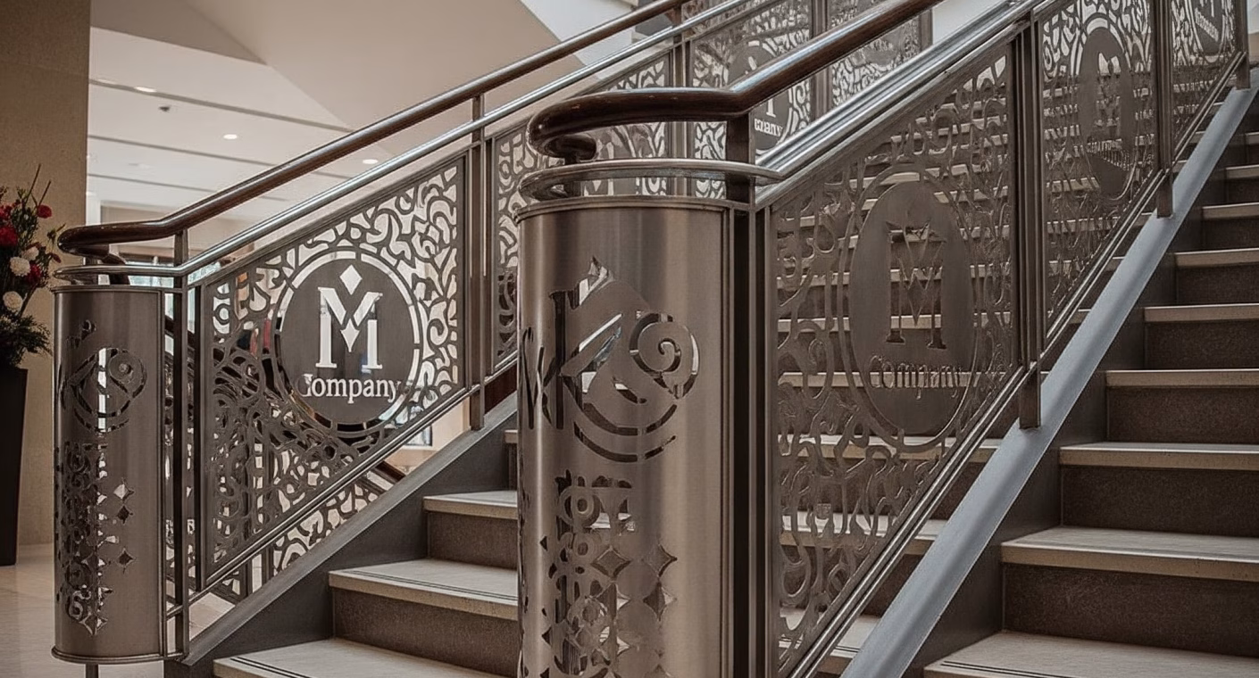 Custom-designed staircase railing and branded decorative in Dubai villa-www.metalspace.ae