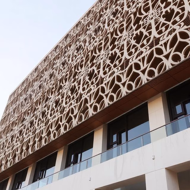 Decorative metal mashrabiya facade on a modern UAE building-www.metalsapce.ae
