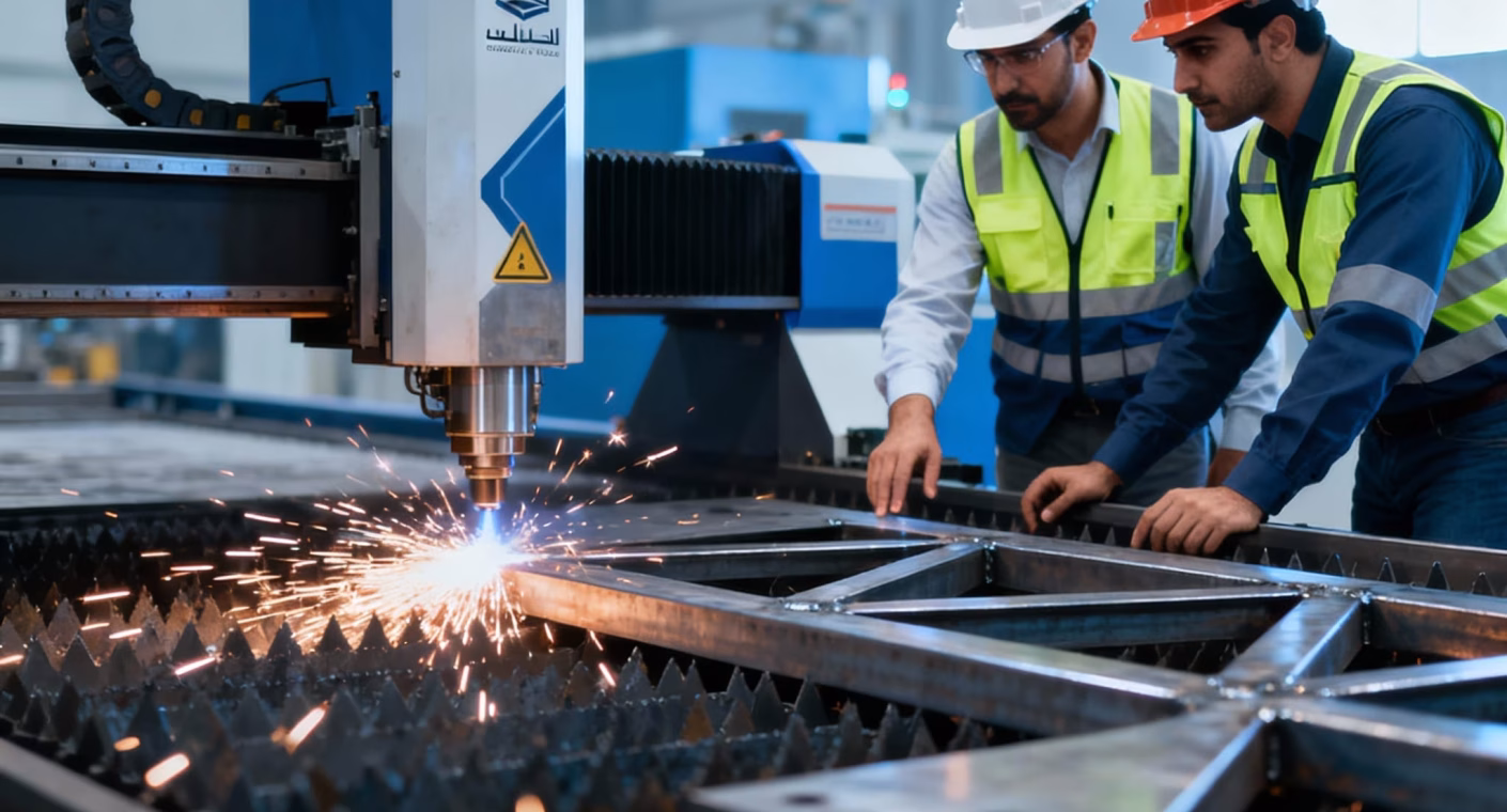 Engineers operating CNC laser cutting machine in a modern metal fabrication workshop in Dubai